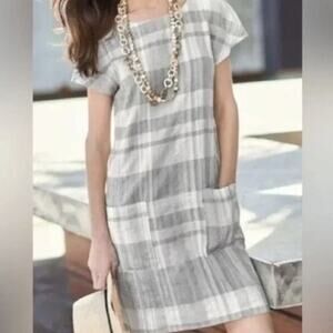 Eileen Fisher | Gray and White Plaid Linen Cotton Shift Dress Academia Size M